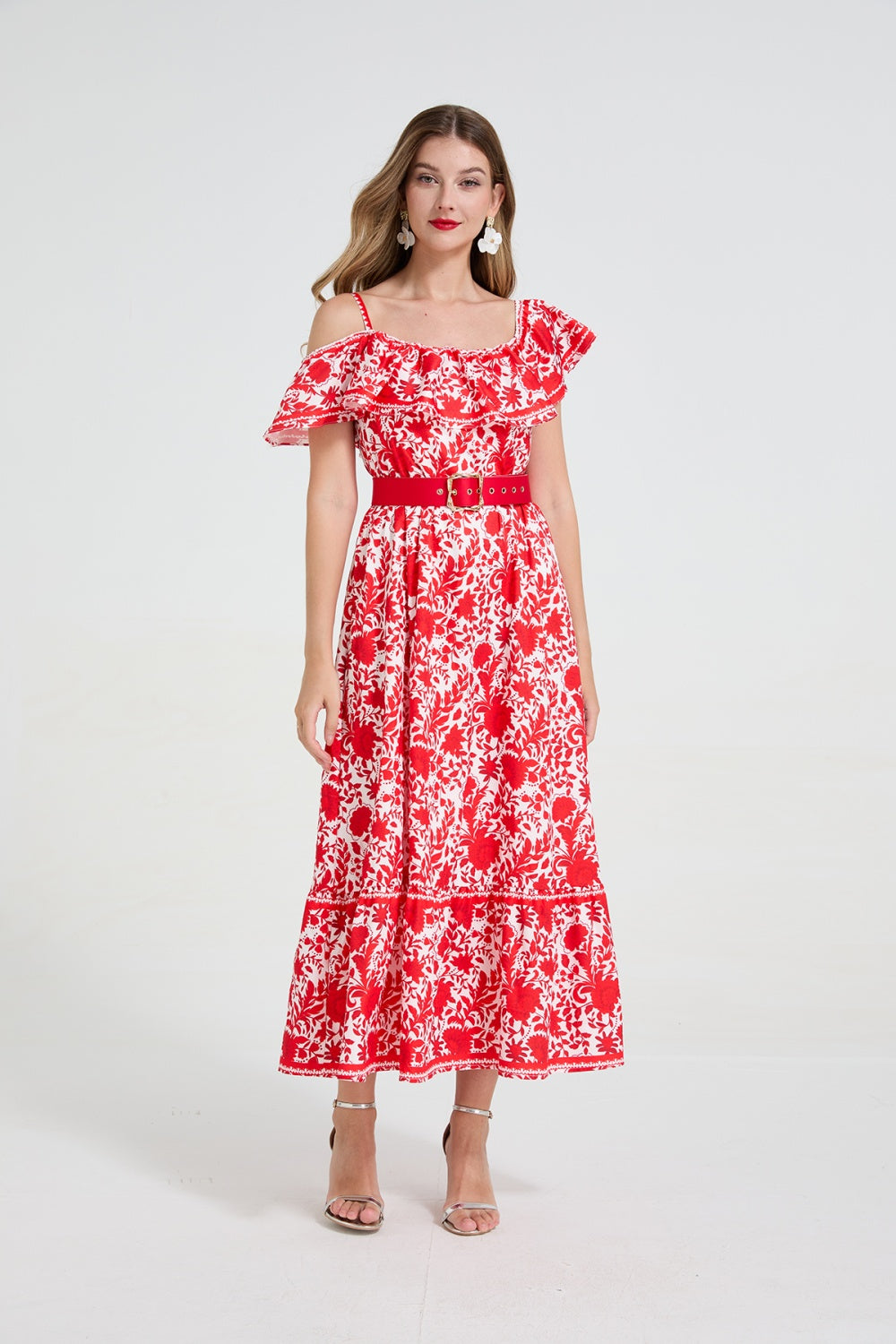 CM-DY058898 Women Elegant European Style Cold Shoulder Pinched Waist Midi Dress - Red