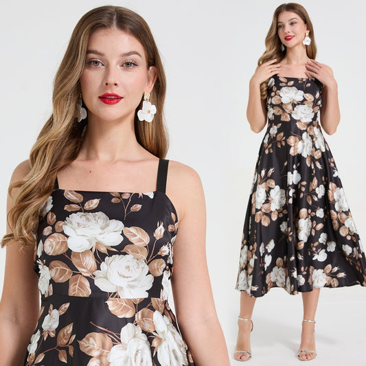 CM-DY058899 Women Elegant European Style Straps Neckline Sleeveless Floral Print Long Dress - Black