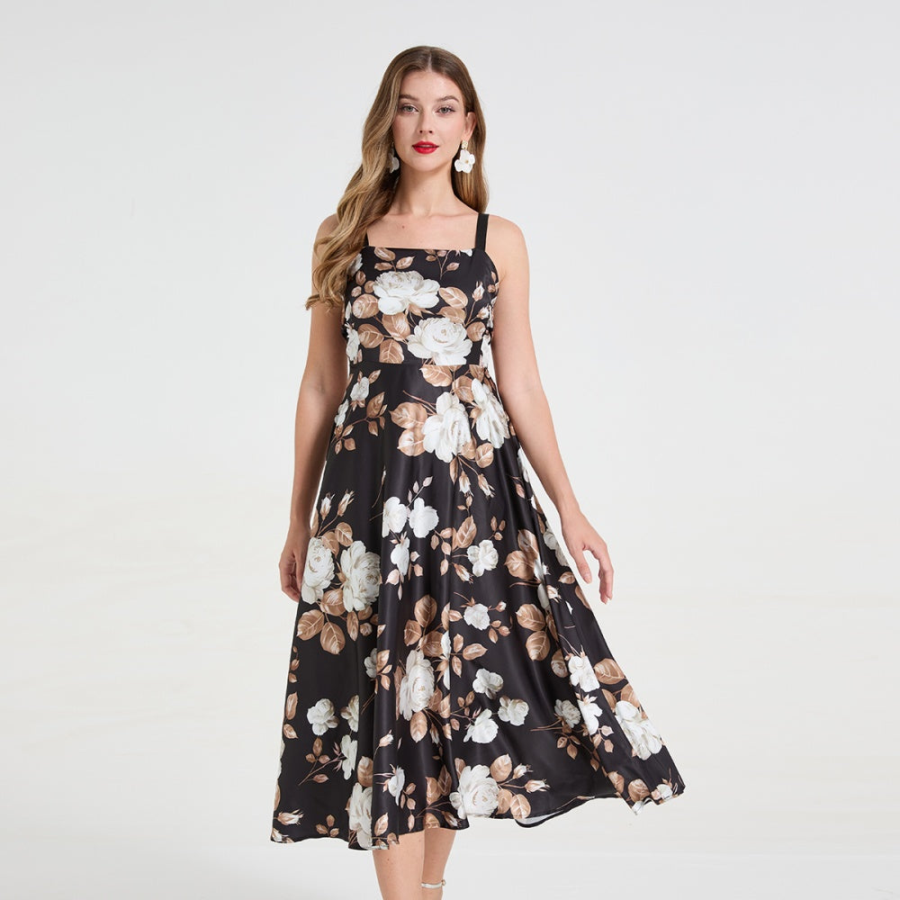 CM-DY058899 Women Elegant European Style Straps Neckline Sleeveless Floral Print Long Dress - Black