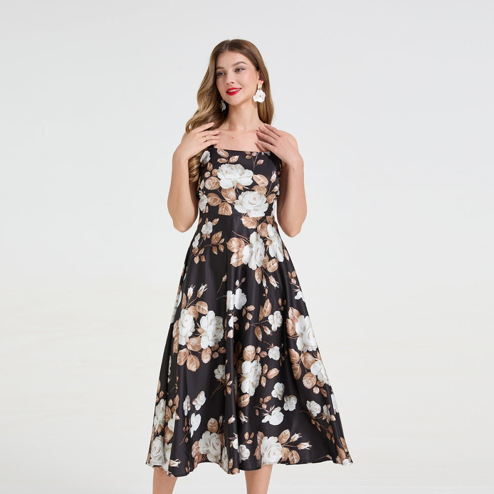 CM-DY058899 Women Elegant European Style Straps Neckline Sleeveless Floral Print Long Dress - Black