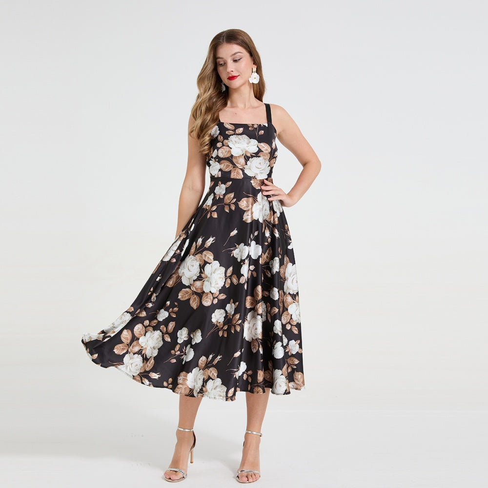 CM-DY058899 Women Elegant European Style Straps Neckline Sleeveless Floral Print Long Dress - Black