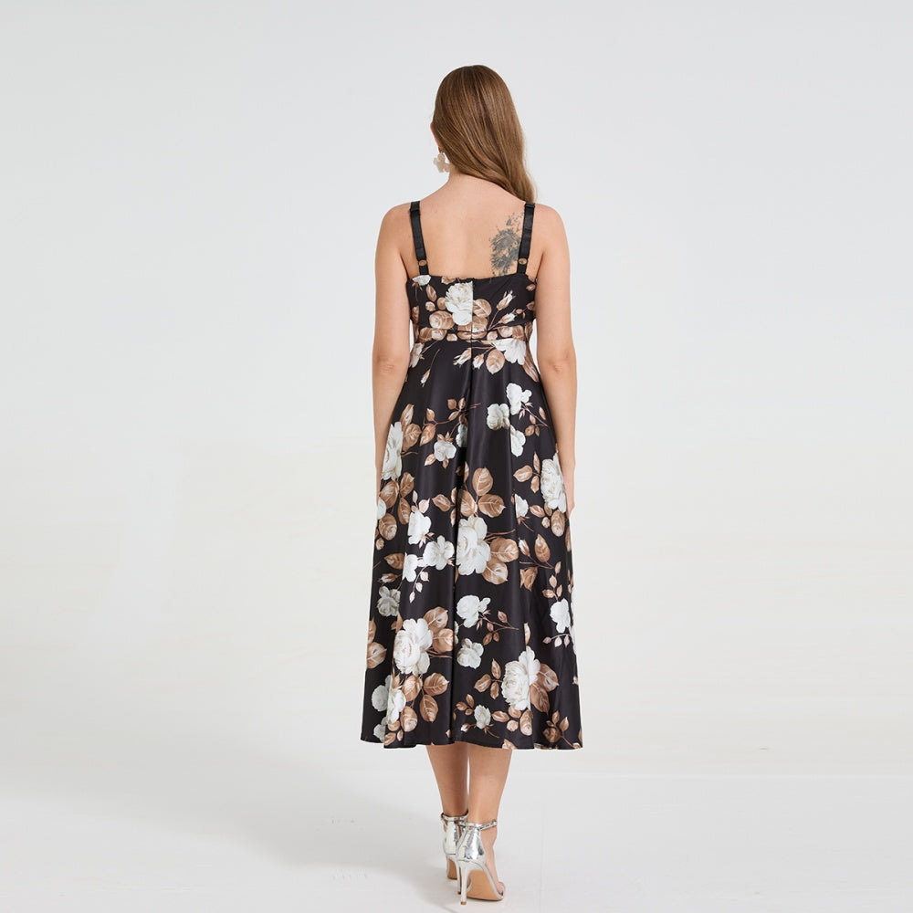 CM-DY058899 Women Elegant European Style Straps Neckline Sleeveless Floral Print Long Dress - Black
