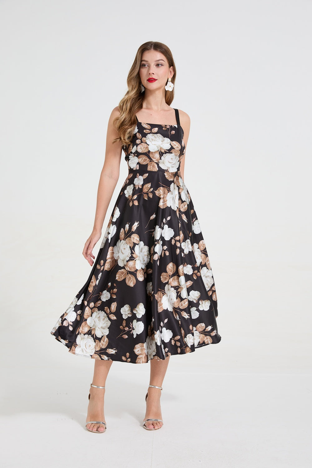 CM-DY058899 Women Elegant European Style Straps Neckline Sleeveless Floral Print Long Dress - Black