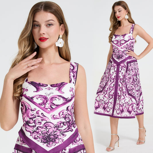 CM-DY058901 Women Elegant Seoul Style All-Over Print Square Collar Strap Pinched Waist Dress - Purple
