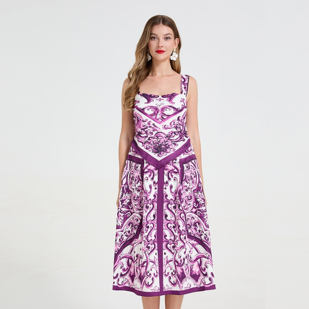 CM-DY058901 Women Elegant Seoul Style All-Over Print Square Collar Strap Pinched Waist Dress - Purple