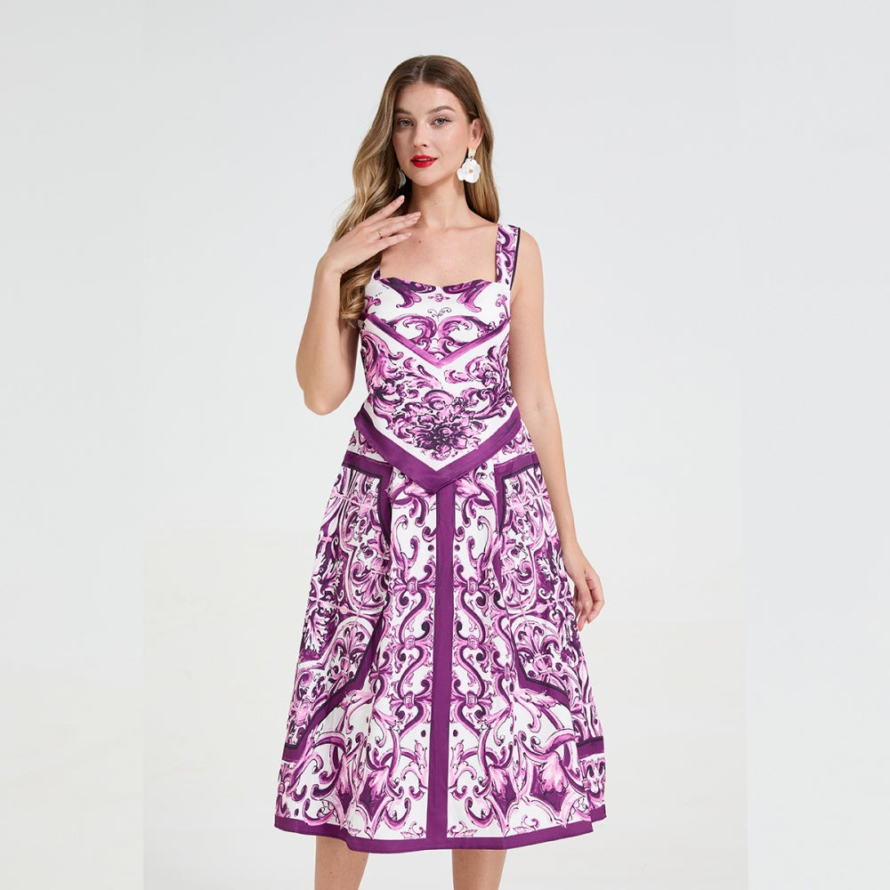 CM-DY058901 Women Elegant Seoul Style All-Over Print Square Collar Strap Pinched Waist Dress - Purple