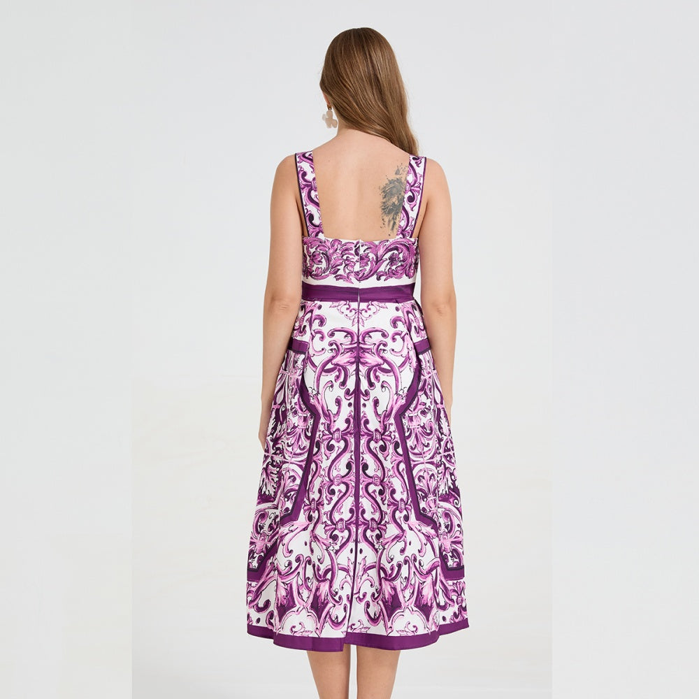 CM-DY058901 Women Elegant Seoul Style All-Over Print Square Collar Strap Pinched Waist Dress - Purple
