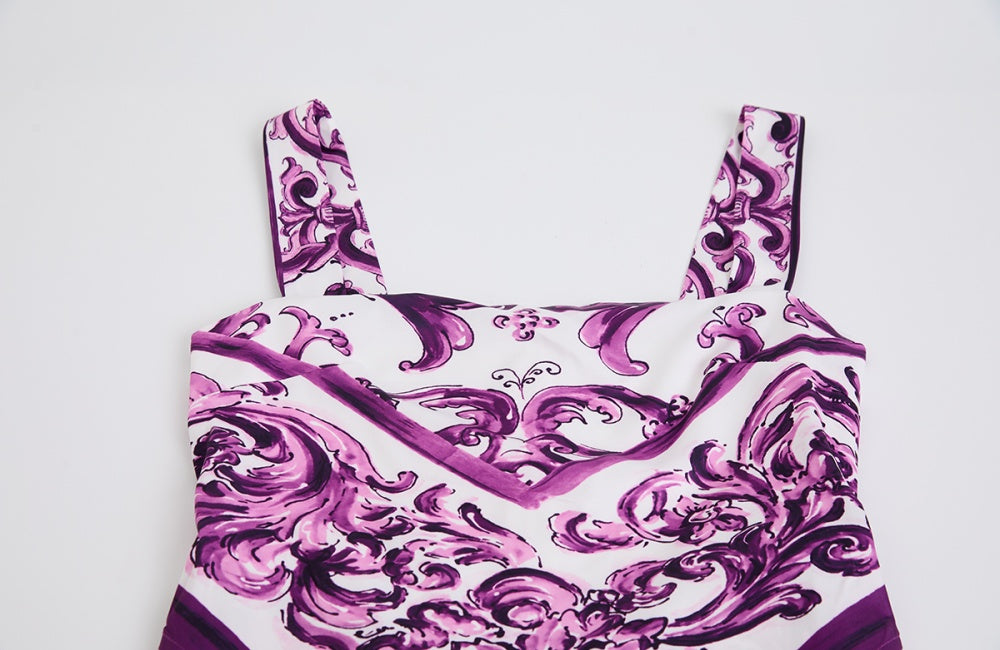 CM-DY058901 Women Elegant Seoul Style All-Over Print Square Collar Strap Pinched Waist Dress - Purple