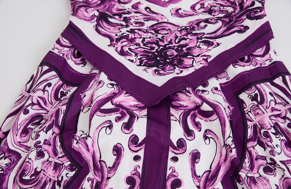 CM-DY058901 Women Elegant Seoul Style All-Over Print Square Collar Strap Pinched Waist Dress - Purple