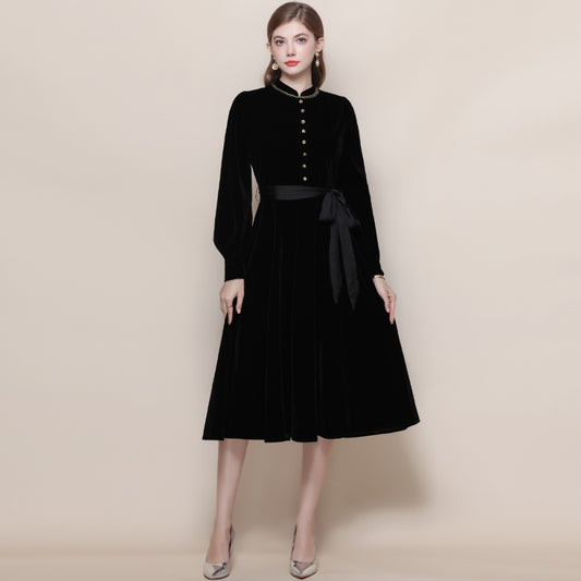 CM-DY059517 Women Elegant European Style Stand Collar Long Sleeve Pinched Waist Midi Dress - Black