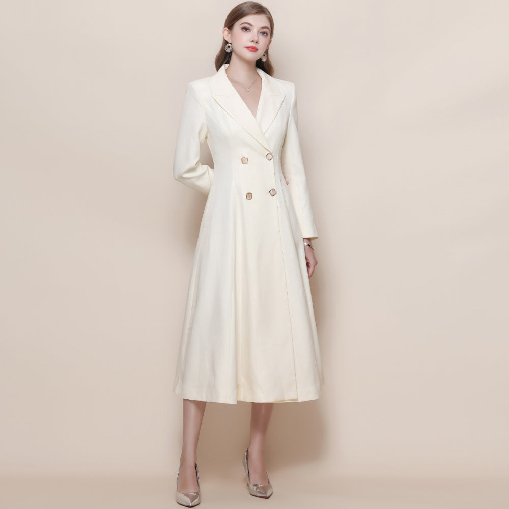 CM-DY059518 Women Elegant European Style Suit Collar Long Sleeve Double-Breasted Pinched Waist Coat Dress - Apricot