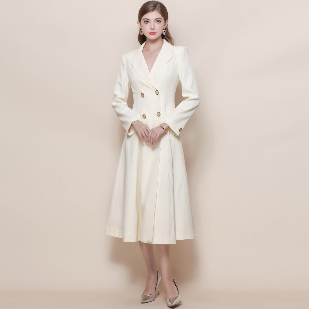 CM-DY059518 Women Elegant European Style Suit Collar Long Sleeve Double-Breasted Pinched Waist Coat Dress - Apricot