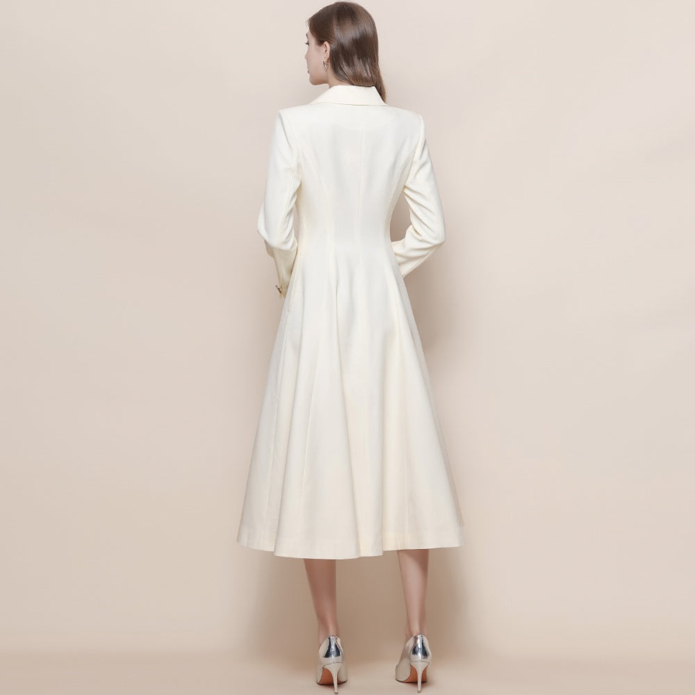 CM-DY059518 Women Elegant European Style Suit Collar Long Sleeve Double-Breasted Pinched Waist Coat Dress - Apricot