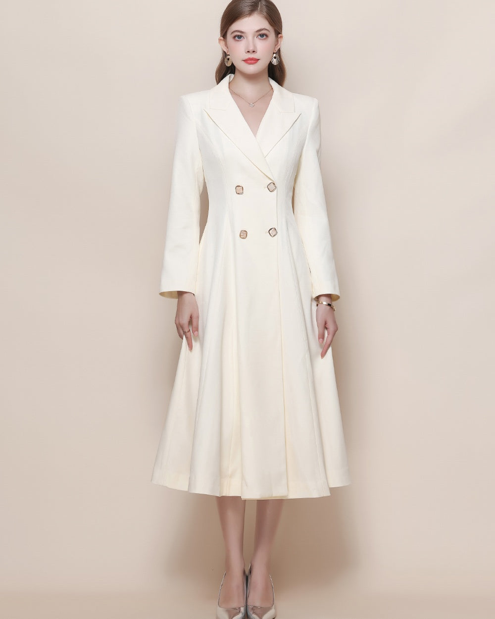 CM-DY059518 Women Elegant European Style Suit Collar Long Sleeve Double-Breasted Pinched Waist Coat Dress - Apricot