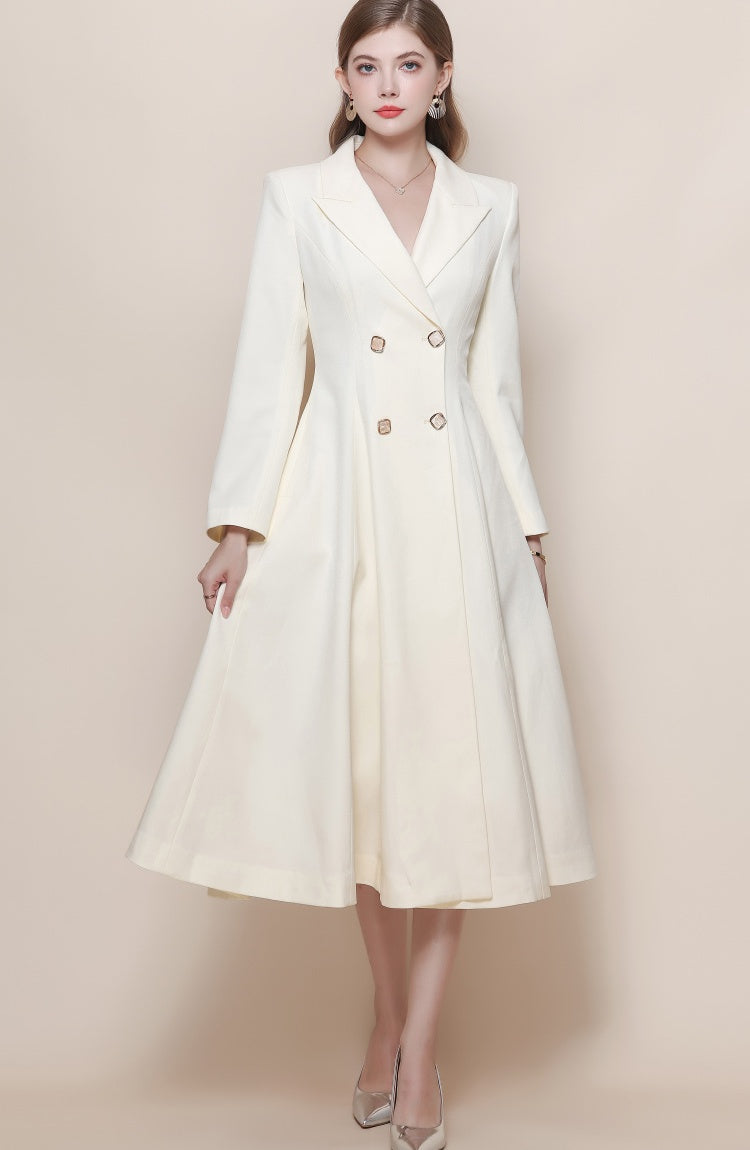 CM-DY059518 Women Elegant European Style Suit Collar Long Sleeve Double-Breasted Pinched Waist Coat Dress - Apricot