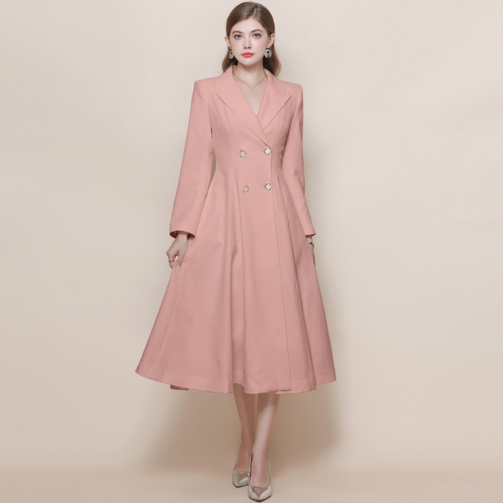 CM-DY059519 Women Elegant European Style Suit Collar Long Sleeve Double-Breasted Pinched Waist Coat Dress - Pink