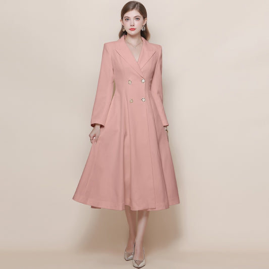 CM-DY059519 Women Elegant European Style Suit Collar Long Sleeve Double-Breasted Pinched Waist Coat Dress - Pink