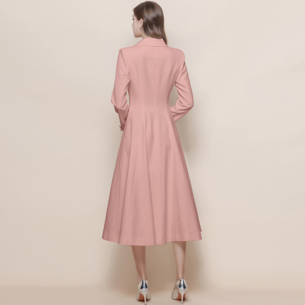 CM-DY059519 Women Elegant European Style Suit Collar Long Sleeve Double-Breasted Pinched Waist Coat Dress - Pink