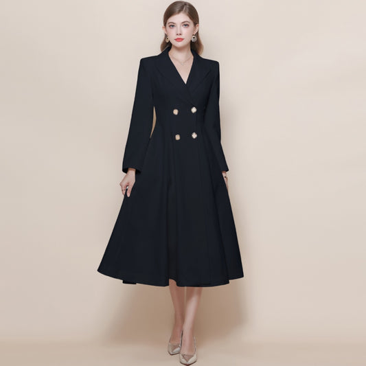 CM-DY059520 Women Elegant European Style Suit Collar Long Sleeve Double-Breasted Pinched Waist Coat Dress - Black