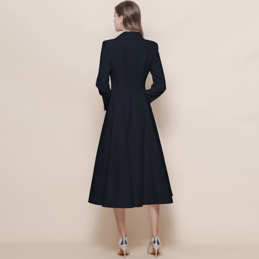 CM-DY059520 Women Elegant European Style Suit Collar Long Sleeve Double-Breasted Pinched Waist Coat Dress - Black
