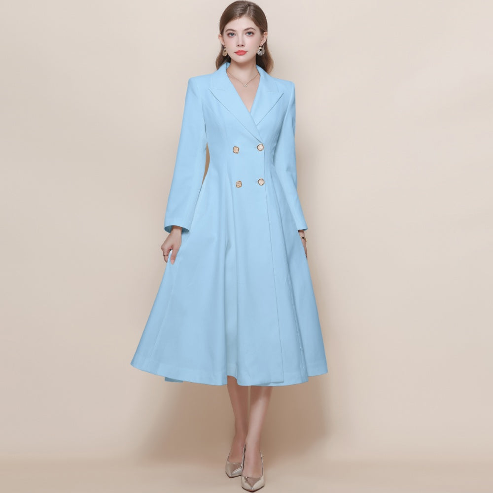 CM-DY059521 Women Elegant European Style Suit Collar Long Sleeve Double-Breasted Pinched Waist Coat Dress - Blue