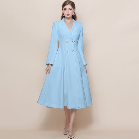 CM-DY059521 Women Elegant European Style Suit Collar Long Sleeve Double-Breasted Pinched Waist Coat Dress - Blue