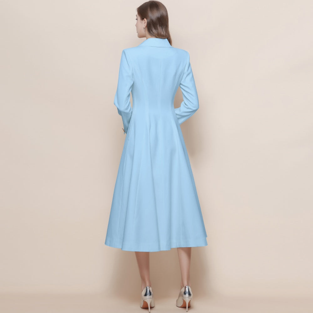 CM-DY059521 Women Elegant European Style Suit Collar Long Sleeve Double-Breasted Pinched Waist Coat Dress - Blue