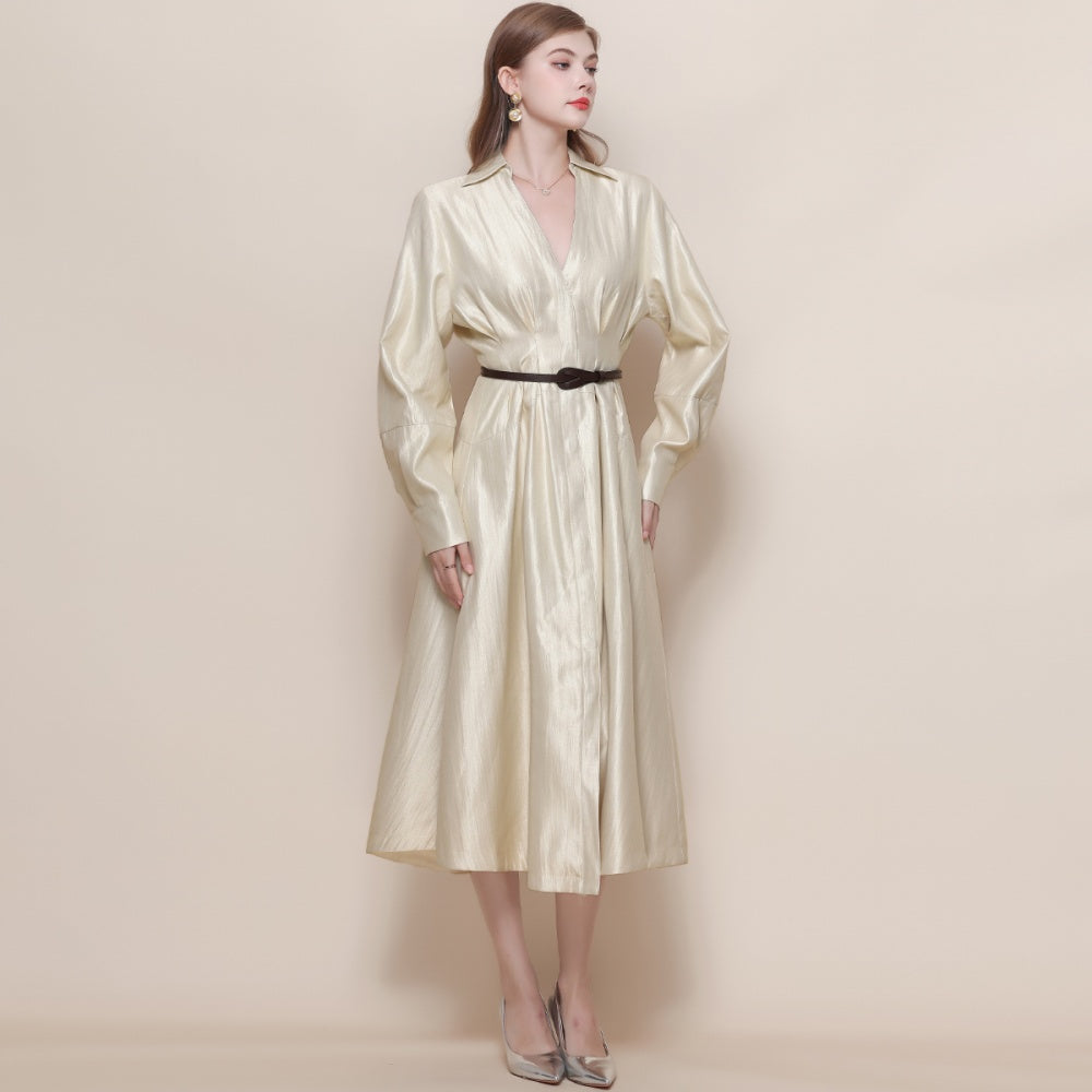 CM-DY059522 Women Elegant European Style V-Neck Long Sleeve Pinched Waist Mid Length Dress - Apricot