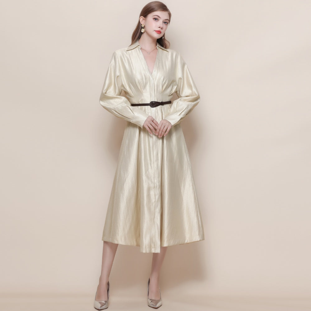 CM-DY059522 Women Elegant European Style V-Neck Long Sleeve Pinched Waist Mid Length Dress - Apricot