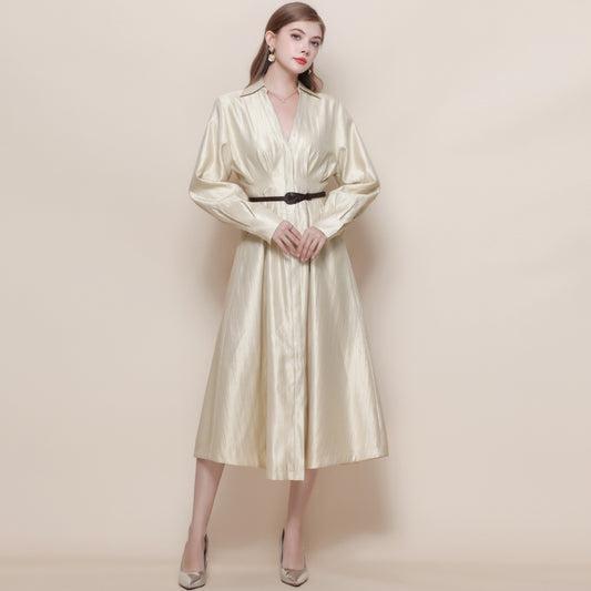 CM-DY059522 Women Elegant European Style V-Neck Long Sleeve Pinched Waist Mid Length Dress - Apricot
