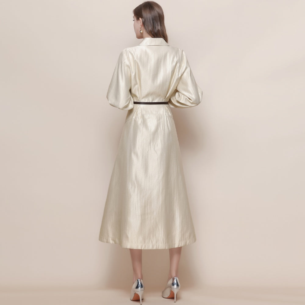 CM-DY059522 Women Elegant European Style V-Neck Long Sleeve Pinched Waist Mid Length Dress - Apricot
