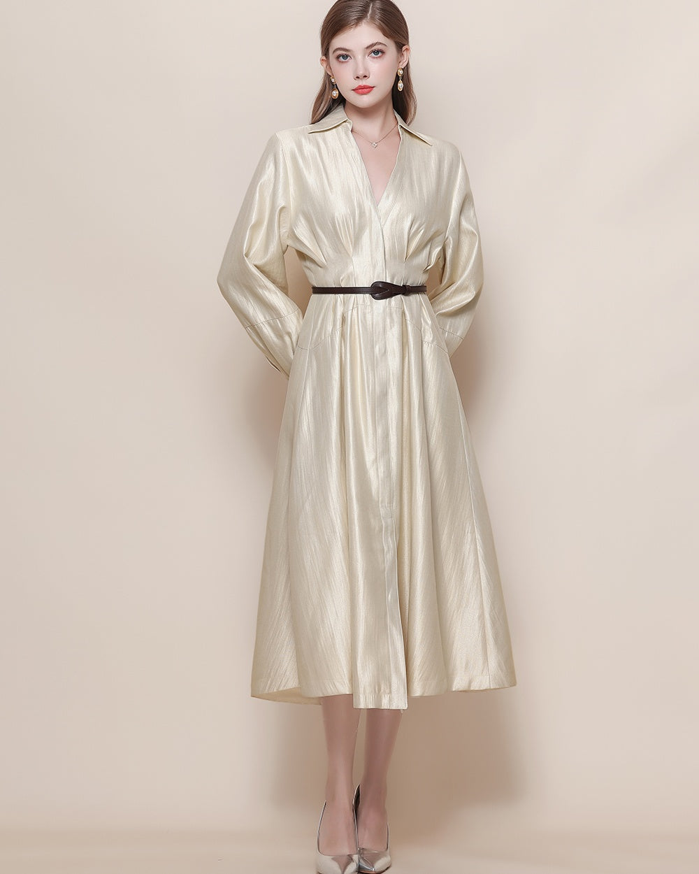 CM-DY059522 Women Elegant European Style V-Neck Long Sleeve Pinched Waist Mid Length Dress - Apricot
