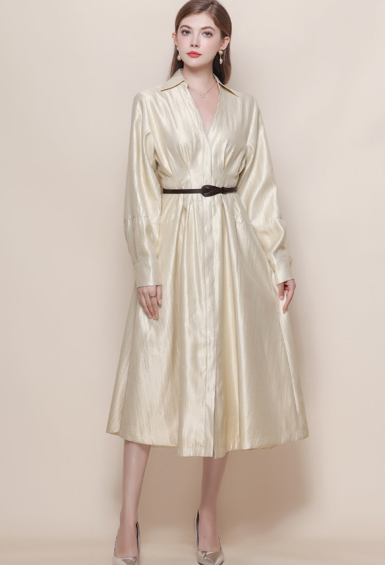 CM-DY059522 Women Elegant European Style V-Neck Long Sleeve Pinched Waist Mid Length Dress - Apricot