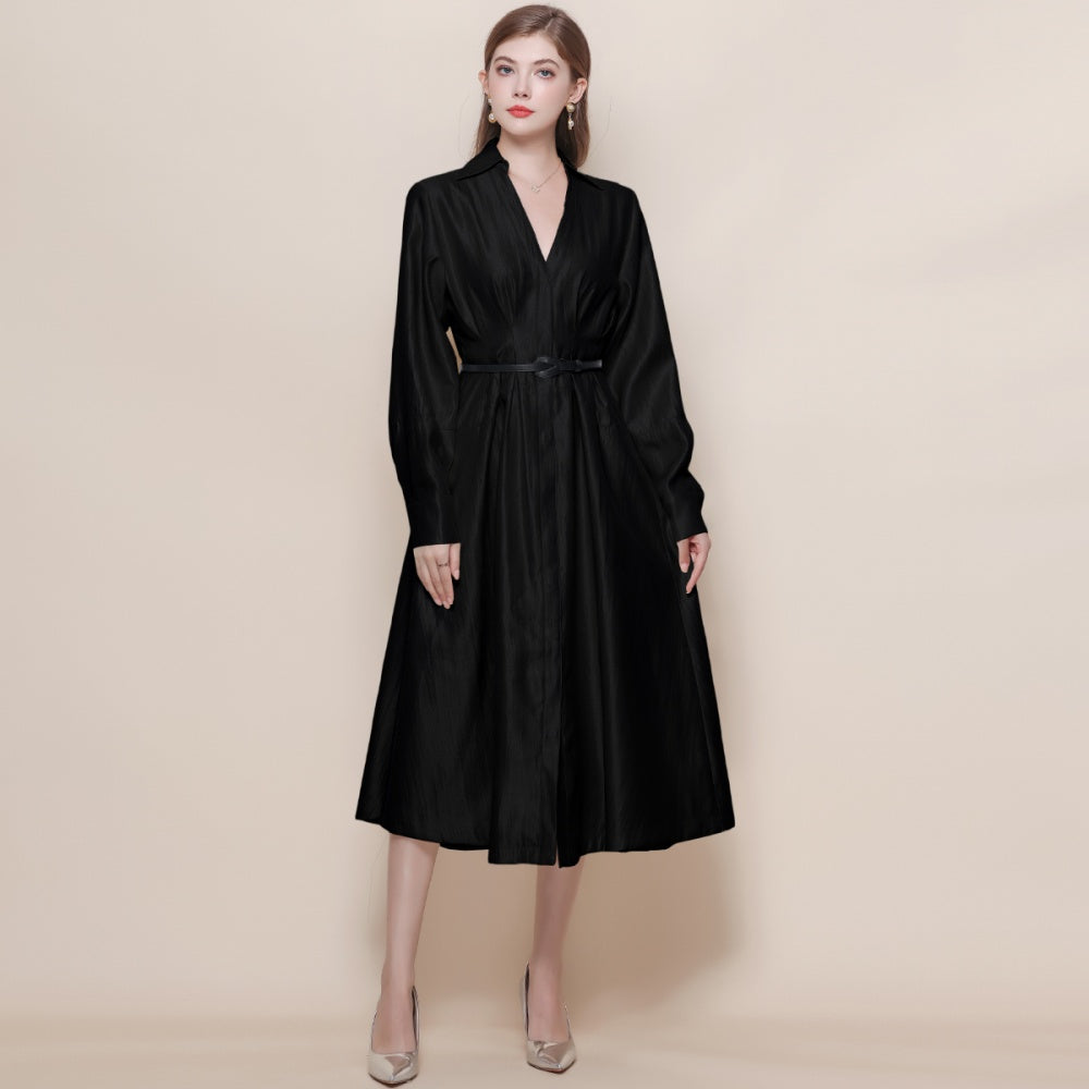 CM-DY059523 Women Elegant European Style V-Neck Long Sleeve Pinched Waist Mid Length Dress - Black
