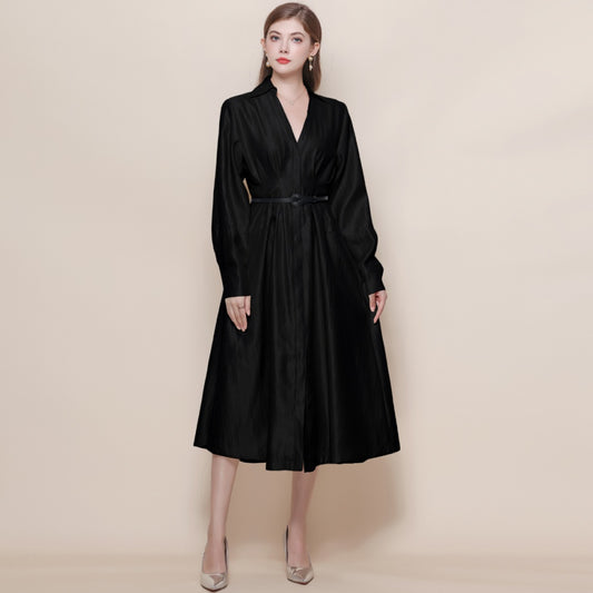 CM-DY059523 Women Elegant European Style V-Neck Long Sleeve Pinched Waist Mid Length Dress - Black