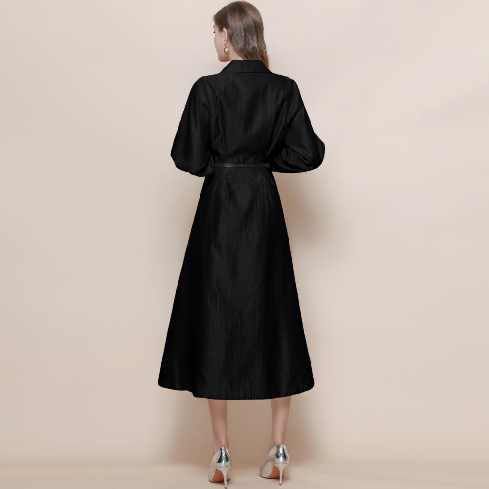 CM-DY059523 Women Elegant European Style V-Neck Long Sleeve Pinched Waist Mid Length Dress - Black