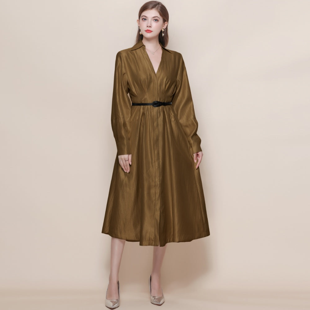 CM-DY059524 Women Elegant European Style V-Neck Long Sleeve Pinched Waist Mid Length Dress - Khaki