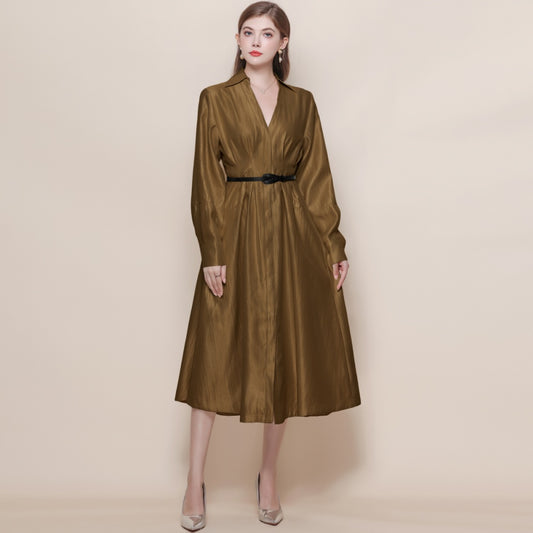 CM-DY059524 Women Elegant European Style V-Neck Long Sleeve Pinched Waist Mid Length Dress - Khaki