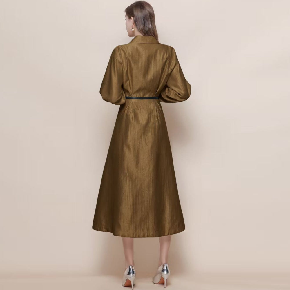 CM-DY059524 Women Elegant European Style V-Neck Long Sleeve Pinched Waist Mid Length Dress - Khaki