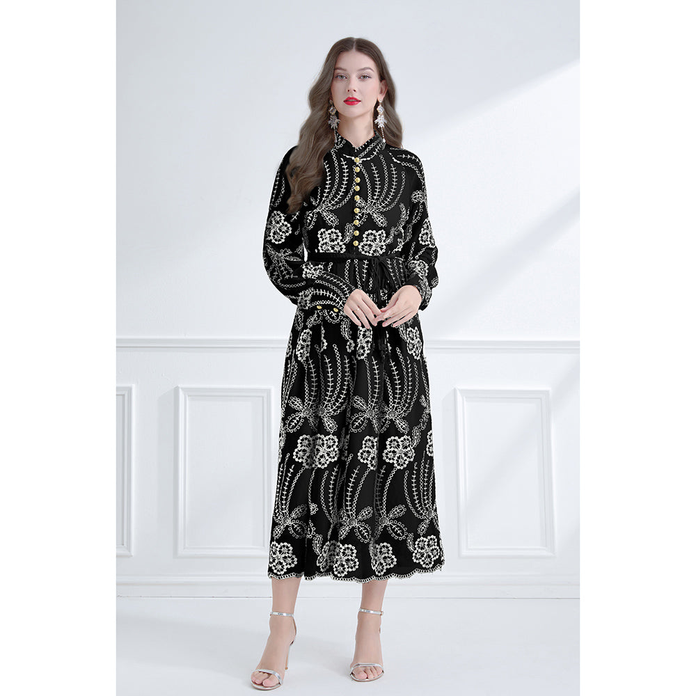 CM-DY059578 Women Elegant European Style Stand Collar Long Lantern Sleeve Embroidered Dress - Black
