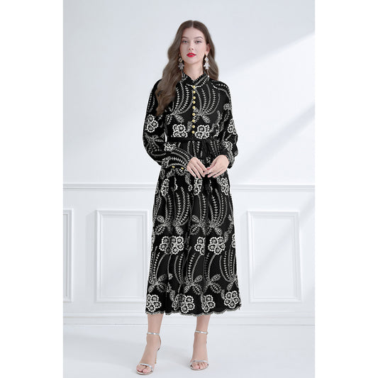 CM-DY059578 Women Elegant European Style Stand Collar Long Lantern Sleeve Embroidered Dress - Black