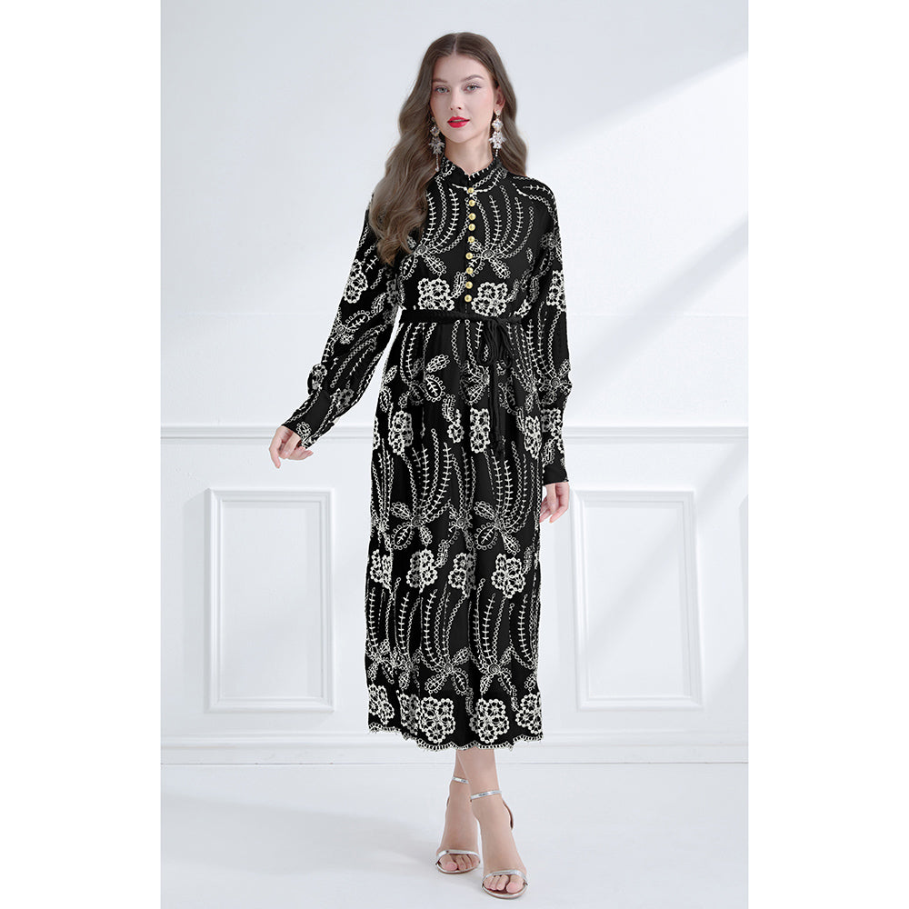 CM-DY059578 Women Elegant European Style Stand Collar Long Lantern Sleeve Embroidered Dress - Black