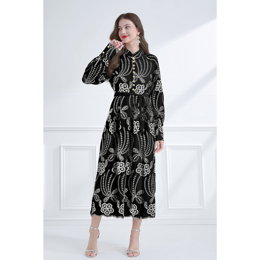 CM-DY059578 Women Elegant European Style Stand Collar Long Lantern Sleeve Embroidered Dress - Black