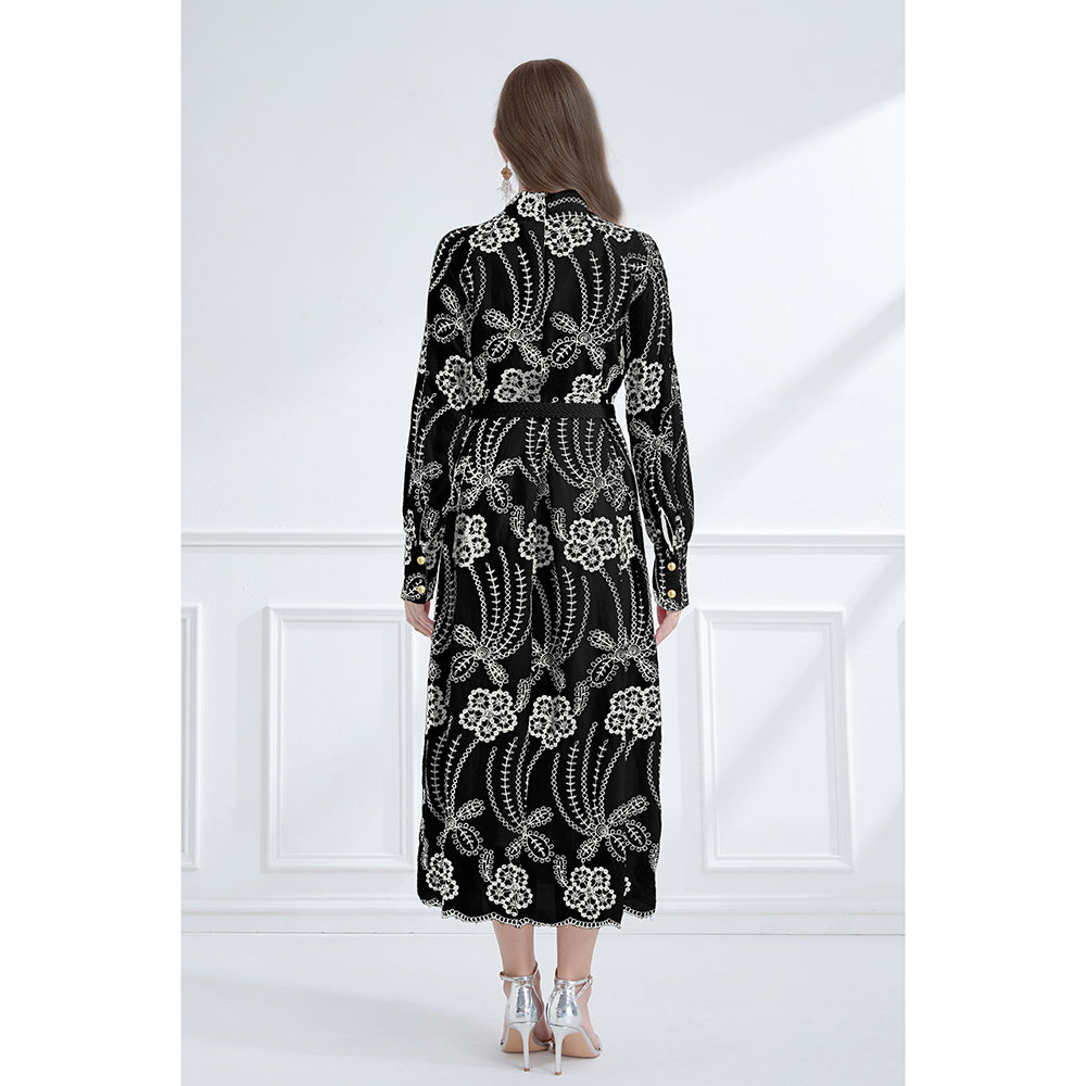 CM-DY059578 Women Elegant European Style Stand Collar Long Lantern Sleeve Embroidered Dress - Black