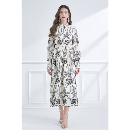 CM-DY059579 Women Elegant European Style Stand Collar Long Lantern Sleeve Embroidered Dress - Apricot