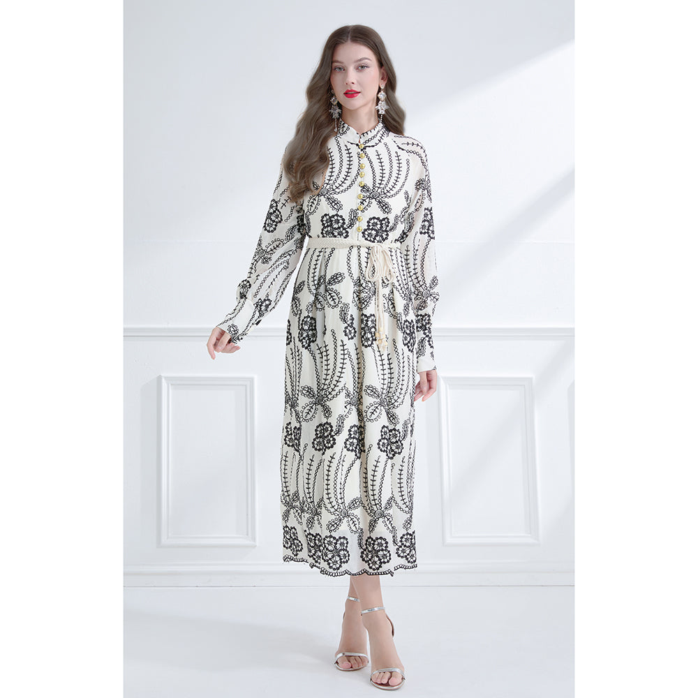 CM-DY059579 Women Elegant European Style Stand Collar Long Lantern Sleeve Embroidered Dress - Apricot