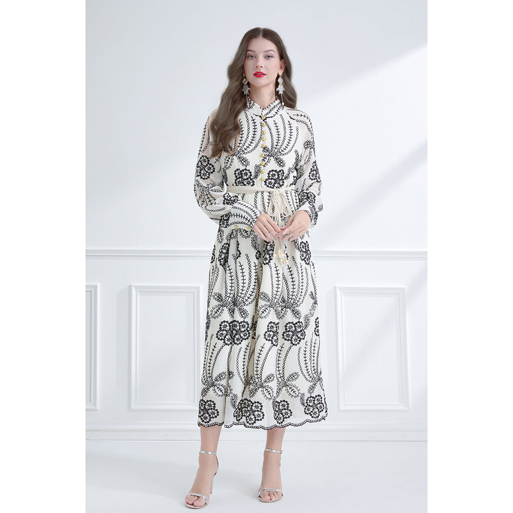 CM-DY059579 Women Elegant European Style Stand Collar Long Lantern Sleeve Embroidered Dress - Apricot