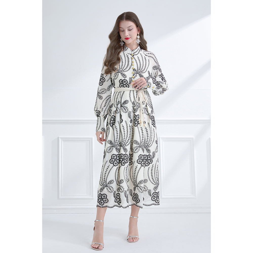 CM-DY059579 Women Elegant European Style Stand Collar Long Lantern Sleeve Embroidered Dress - Apricot