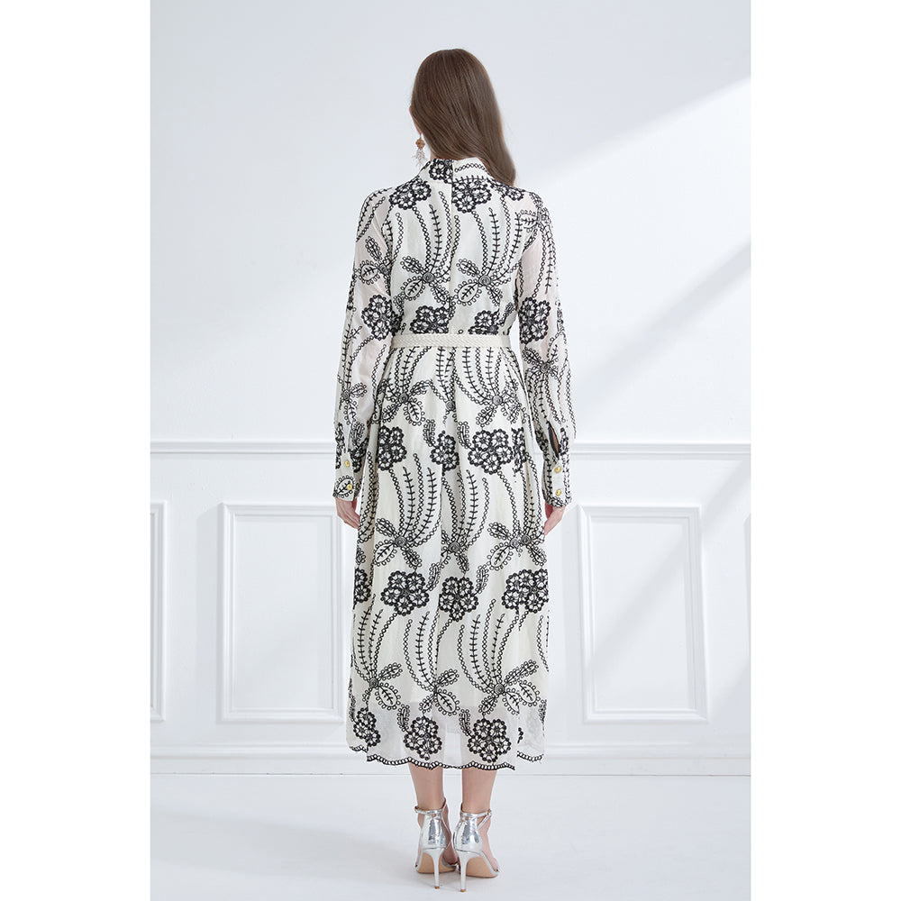 CM-DY059579 Women Elegant European Style Stand Collar Long Lantern Sleeve Embroidered Dress - Apricot
