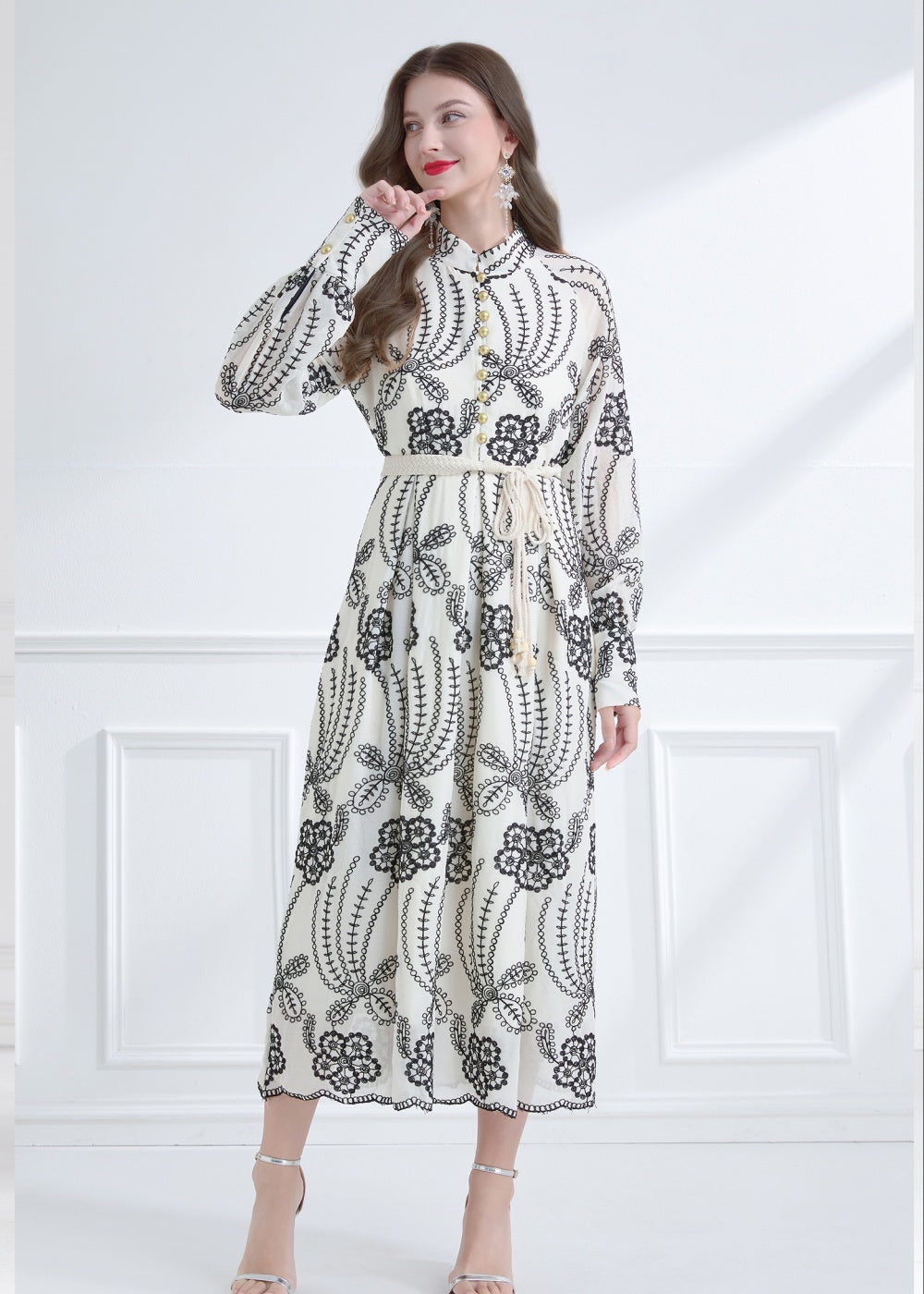 CM-DY059579 Women Elegant European Style Stand Collar Long Lantern Sleeve Embroidered Dress - Apricot